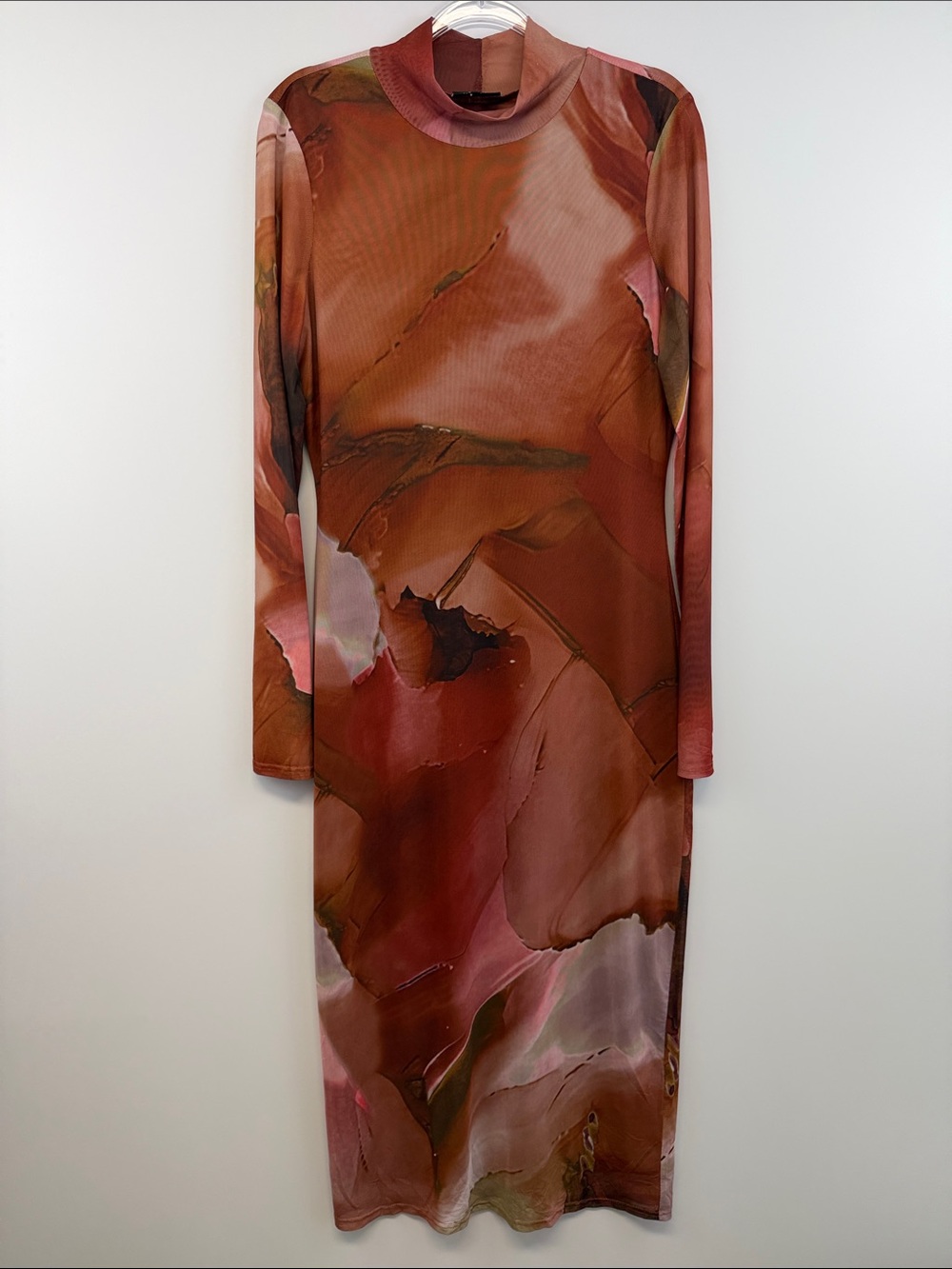 VICI Rust Abstract Watercolor Mesh Long Sleeve Bodycon Midi Dress XL - Picture 2 of 9